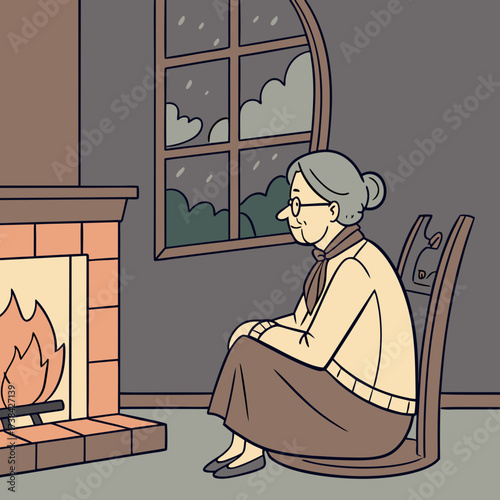 An elderly woman with gray hair and glasses sits in a rocking chair by a warm fireplace looking out a window at night