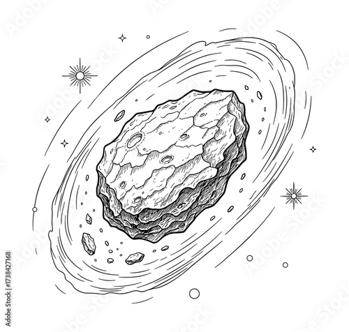 Asteroid line art in black and white