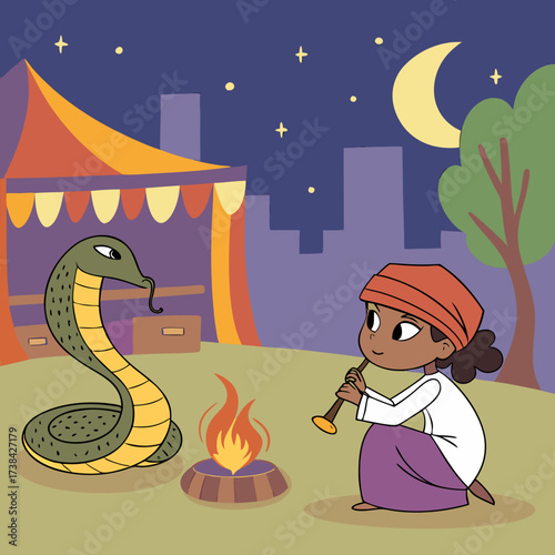 Charming snake at night with a musician playing a flute by a campfire under the moonlit sky