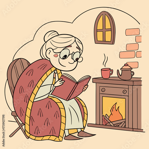 Cozy grandmother wearing a blanket reads a book by a warm fireplace with a cup of tea and teapot