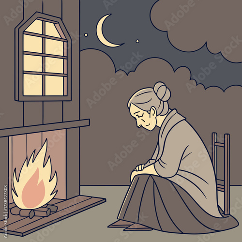 Elderly woman sitting alone by a warm fireplace at night with a crescent moon visible through the window