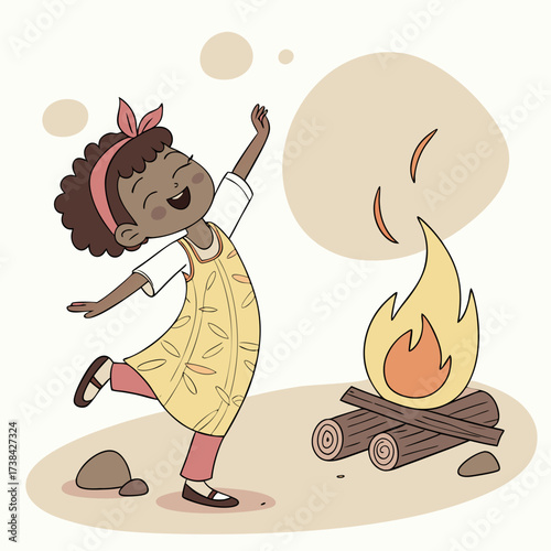 Joyful young black girl with curly hair dancing happily around a warm campfire at dusk