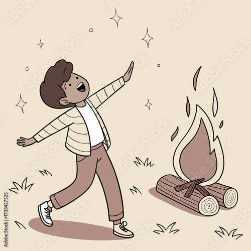 Joyful child with arms outstretched in awe of a crackling campfire under a starry night sky