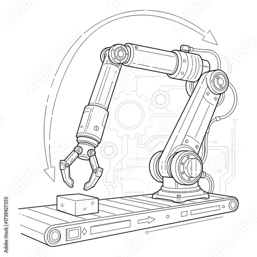 Robotic arm in line drawing style in black and white