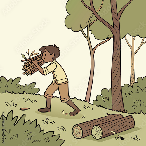 Young boy carrying a large bundle of firewood through a forest clearing with trees and bushes