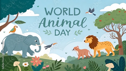 Wallpaper Mural World animal day illustration with elephant lion and birds in a nature setting Torontodigital.ca