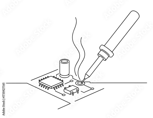 Soldering iron on circuit board in line drawing style in black and white