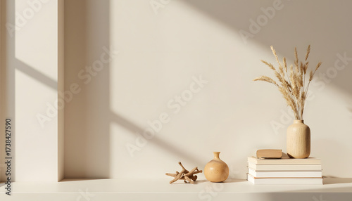 Minimalist interior scene with vases and dried flowers on shelf  