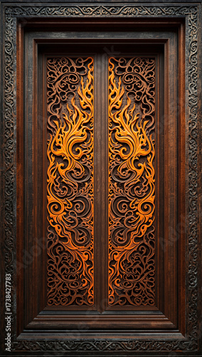 Traditional Thai Wooden Door with Fire Flame Patterns