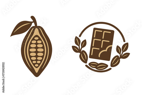 Cocoa pod and chocolate bar logo set. Vector icon collection with cacao beans, fruit, and sweet dessert. Natural organic food symbol for packaging, label or badge design.
