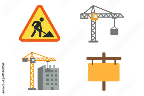 Construction icon set vector flat design. Building process graphics with tower crane, house construction, road work sign and blank wooden signboard. Industry elements isolated.
