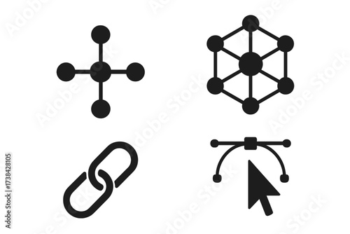 Connection icon set. Network, hub, data structure, molecule. Link, chain, hyperlink, blockchain concept. Vector design, anchor point, cursor, path tool. Isolated flat glyphs.