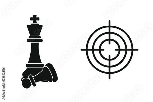 Checkmate business strategy concept. King defeating pawn. Targeting success, hitting the goal. Victory and leadership icon set. Strategic planning and competition metaphor.