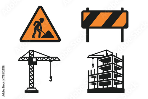 Construction icon set with building site elements. Vector symbols of road work warning sign, barricade, tower crane silhouette and building under construction frame.
