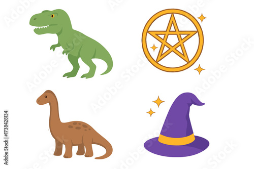Dinosaur and magic symbol collection. T-Rex and Brontosaurus cartoon vector icons. Witchcraft elements with wizard hat and pentagram. Fantasy spell assets isolated set.
