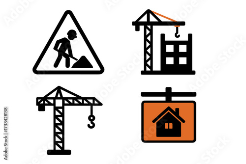 Construction icon set vector. Building site crane, worker at work warning road sign, real estate house sale symbol. Architecture, property development, engineering graphics.