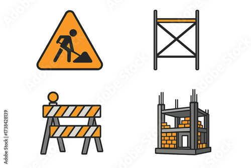 Construction icon set vector illustration. Isolated objects of building signs and elements. Under construction work sign, scaffolding, road barrier, and building site.