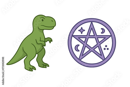 Isolated objects of dinosaur and magic symbol. Cute cartoon T-Rex. Vector illustration of a pentagram. Wiccan pagan occult sign. Esoteric spiritual star and moon element.