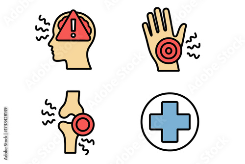 Medical icon set for disease and healthcare. Mental health, stress, and anxiety alert. Joint pain, arthritis, and inflammation symbol. Hand injury and first aid cross logo.