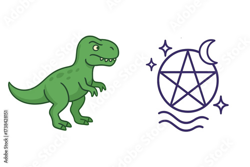Collection of isolated vector cartoon icons. Green Tyrannosaurus Rex dinosaur character and a purple magic symbol. Wiccan pentacle with moon and stars. Pagan witchcraft sign.
