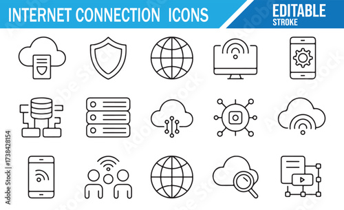 Digital Connectivity Icons Set for Internet, Cloud, and Data Security, Editable and Customizable