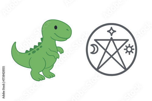 Set of cute dinosaur character and magic esoteric symbol. Cartoon T-Rex dino mascot and wiccan pentagram sign. Alchemy, pagan witchcraft vector icon collection isolated.