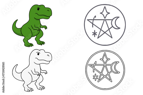 Dinosaur T-Rex and magic occult symbol collection. Cartoon Tyrannosaurus set. Coloring book page outline. Esoteric witchcraft pentagram, celestial moon and star sigil vector.