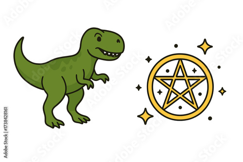 Collection of isolated objects dinosaur and magic symbol. Cute cartoon t-rex character. Esoteric spiritual wiccan pentagram sign. Witchcraft occult icon. Prehistoric reptile sticker.
