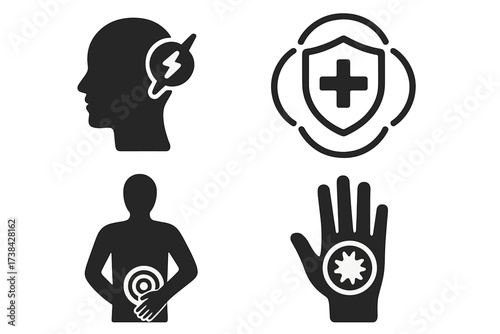 Medical icons set, disease and healthcare symbols. Headache, immune protection, stomach pain, skin virus. Health problem vector collection. Body ache and illness signs.