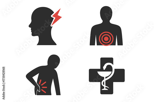 Set of medical icons. Headache, migraine, back pain, chest pain symbols. Human body ache. Sickness, disease and healthcare concept. Pharmacy logo with medical cross and snake.