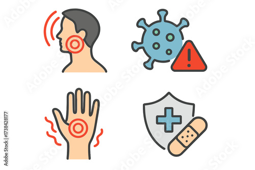 Vector medical icons set. Disease and healthcare signs. Virus warning, sore throat, hand rash symptoms. Health protection shield, first aid concept. Coronavirus pandemic alert.