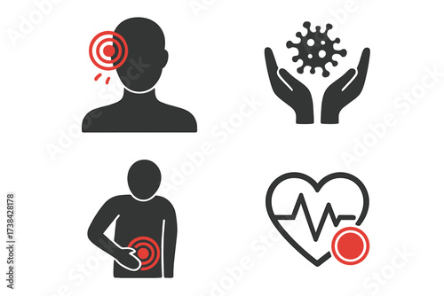 Disease and healthcare glyph icon set. Medical vector symbols for patient symptoms, headache, stomach ache. Virus protection and cardiology heart problem signs. Health pictogram.