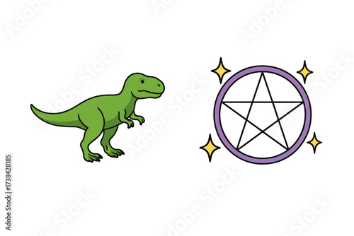 Set of cute cartoon icons. Green dinosaur, T-Rex. Magic purple pentagram symbol. Witchcraft, wiccan, and pagan esoteric sign. Sparkle star. Fantasy vector illustration.