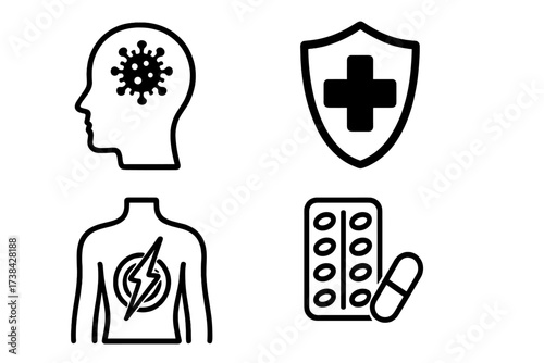 Set of disease and healthcare icons. Virus in head, brain infection, immune protection. Medical shield, chest pain, heart attack, medication pills and treatment vector.