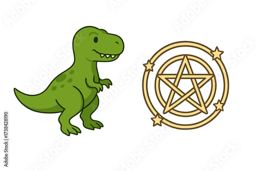 Set of isolated vector icons. Cute cartoon green dinosaur, T-Rex character. Magic pentagram symbol. Pagan, wiccan sign. Esoteric, occult element. Funny dino mascot.