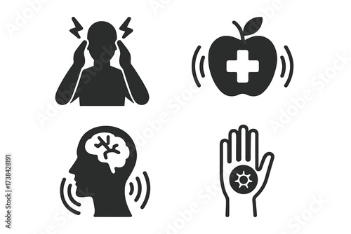 Healthcare and disease icon set. Symbols for headache, migraine, mental health, stress, psychology. Healthy food, nutrition icon. Brain activity, virus, germ, infection concepts.