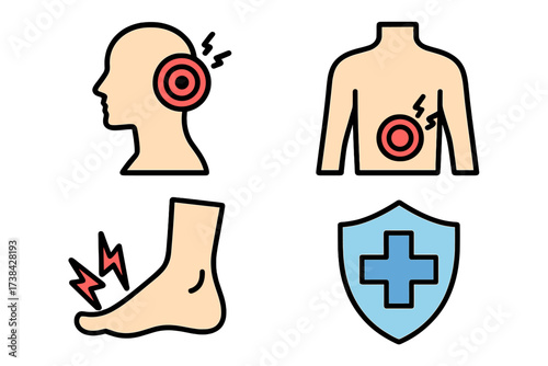 Disease and healthcare icon set. Vector symbols for headache, stomach ache, foot pain. Medical illustration of body ache, health problems. Health insurance protection shield sign.