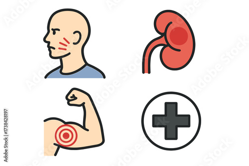 Medical icon set for disease and healthcare. Symptoms of illness like skin rash, kidney problems, and muscle pain. First aid and hospital symbol for treatment and diagnosis.