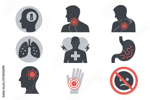 Set of medical icons showing disease symptoms. Healthcare vector symbols for fever, headache, sore throat, stomach ache, lung infection, shoulder pain. Sickness and pain concept.