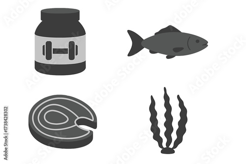 Protein sources icon set. Bodybuilding supplement, fish, salmon steak and seaweed. Healthy food nutrition concept. Fitness, gym, diet symbols. Sea food collection vector.