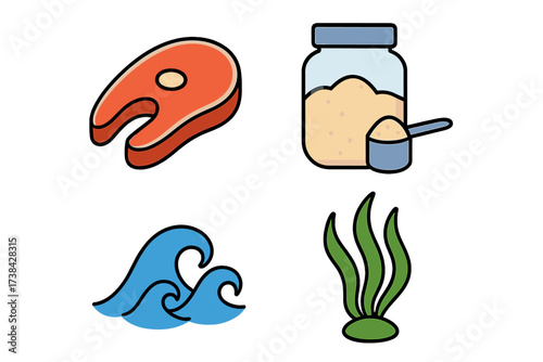 Protein and sea icon collection. Meat steak, fish fillet, whey powder supplement for gym and fitness. Ocean wave and seaweed for nature and diet. Flat vector icon set.