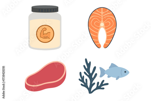 Collection of protein food sources. Whey supplement, salmon fish steak, beef meat. Nutrition for bodybuilding and fitness. Healthy diet vector icon set isolated on white.