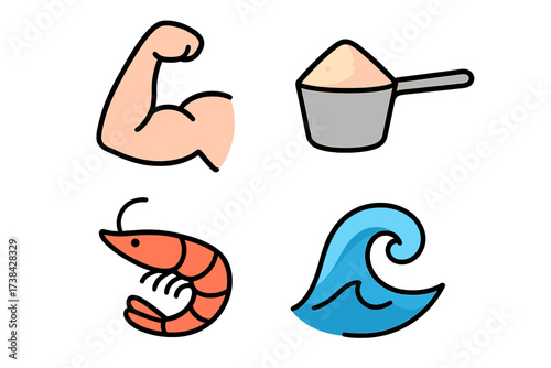 Protein sources and fitness icon set. Vector collection of muscle arm, whey powder scoop, seafood shrimp, and sea wave symbol. Bodybuilding supplement and nutrition concept.