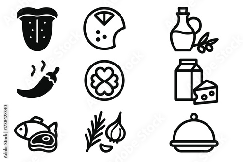 Food and cooking icon set. Collection of taste and product symbols. Vector glyph and outline icons for restaurant, menu, and grocery. Includes tongue, chili, oil, dairy, meat.