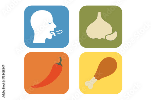 Food taste icons. Flavor symbol set. Garlic, spicy chili pepper, chicken leg. Human head, tongue, sensory perception. Food product signs. Vector collection. Isolated objects.
