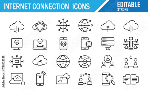 Internet Connectivity and Data Transfer Editable Icons Set for Web and Network Solutions