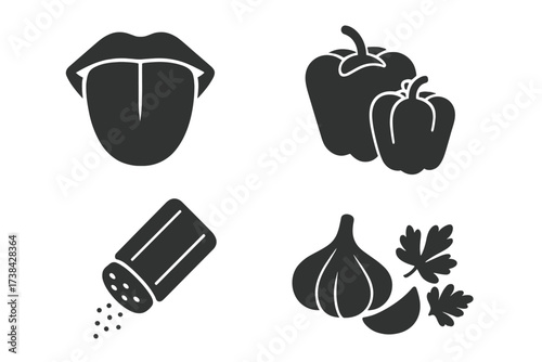 Taste and seasoning glyph icon set. Spices and flavoring concept. Human tongue, bell pepper, paprika, salt shaker, garlic, parsley. Cooking ingredient symbols. Food vector.