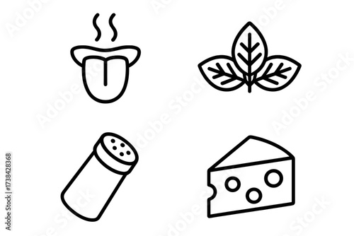 Food and taste line icon set. Collection of taste, flavor and product symbols. Vector icons for cooking ingredients and seasoning. Includes cheese, salt, mint and tongue symbols.