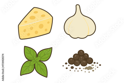 Italian food ingredients icon set. Cartoon vector collection with cheese, garlic, basil, and peppercorns. Isolated taste and seasoning elements for cooking and culinary design.