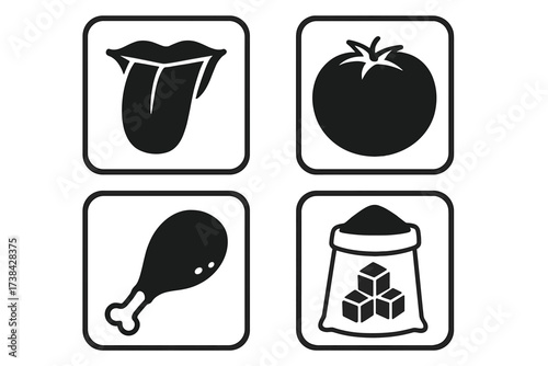 Food taste and ingredient icon set. Collection of simple black vector glyphs. Isolated symbols of tongue, tomato, chicken leg, and sugar for product packaging design.